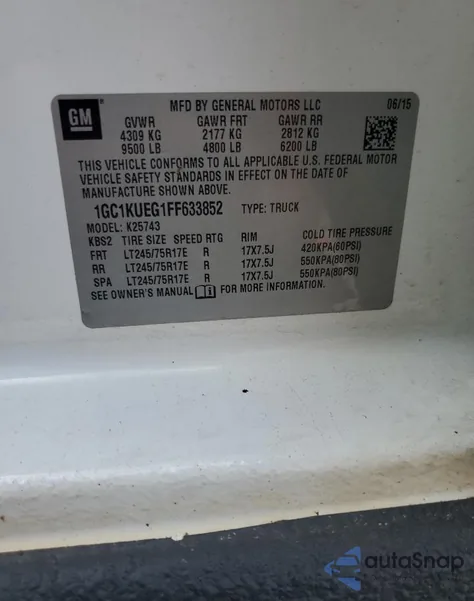 2015 Chevrolet Silverado K2500 Heavy Duty z USA, uszkodzony, nr VIN 1GC1KUEG1FF633852